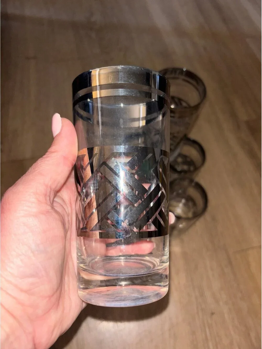 Set of (6) Vintage Silver Band Highball Cocktail Glasses - Silver Trellis/ Cross